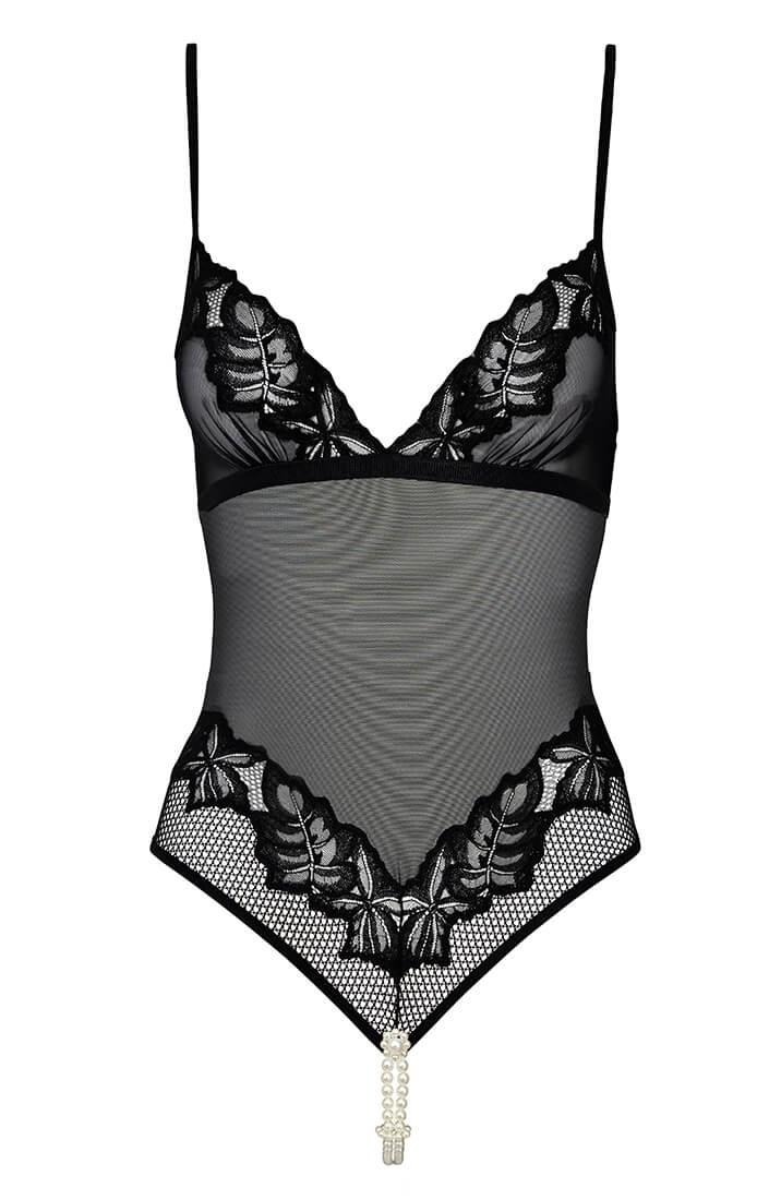 Black Mesh Bodysuit With Double Pearl String - Luxury Lingerie COAX Copenhagen