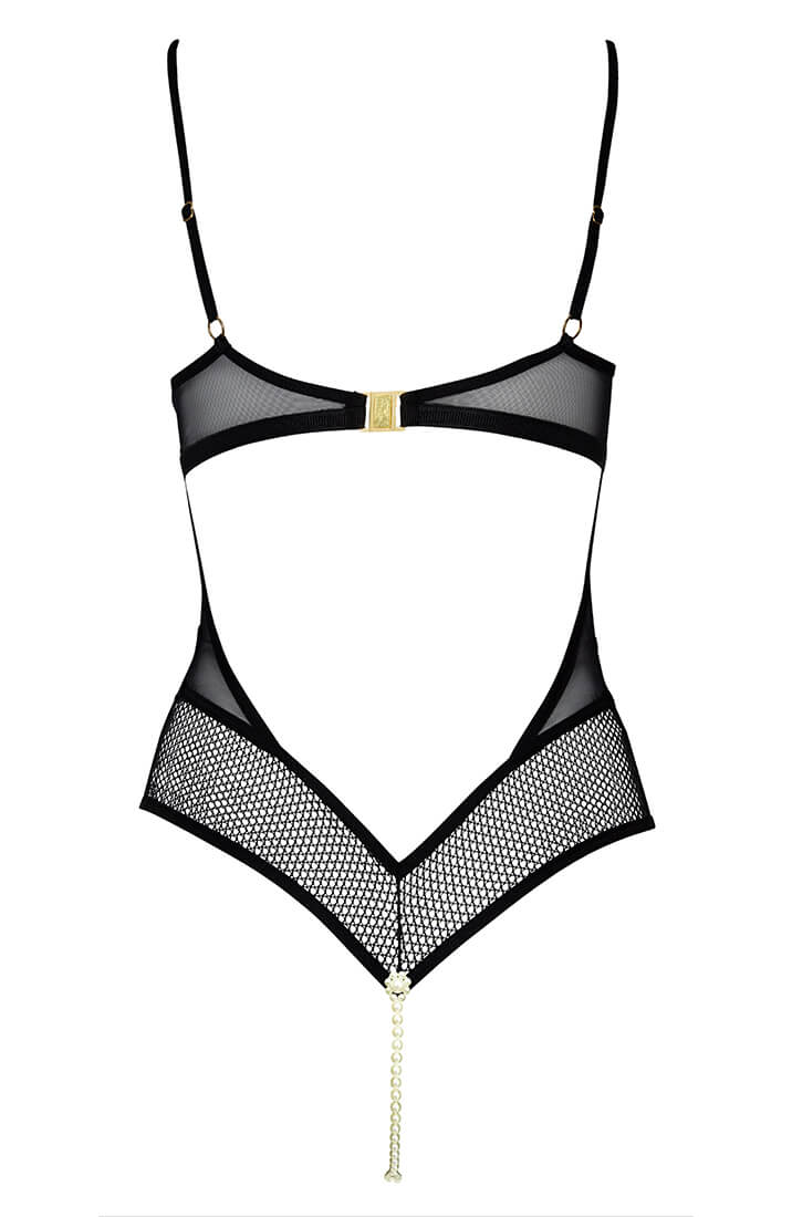 Luxury Black Bodysuit With Double Pearl Strings - Sheer Lace Lingerie