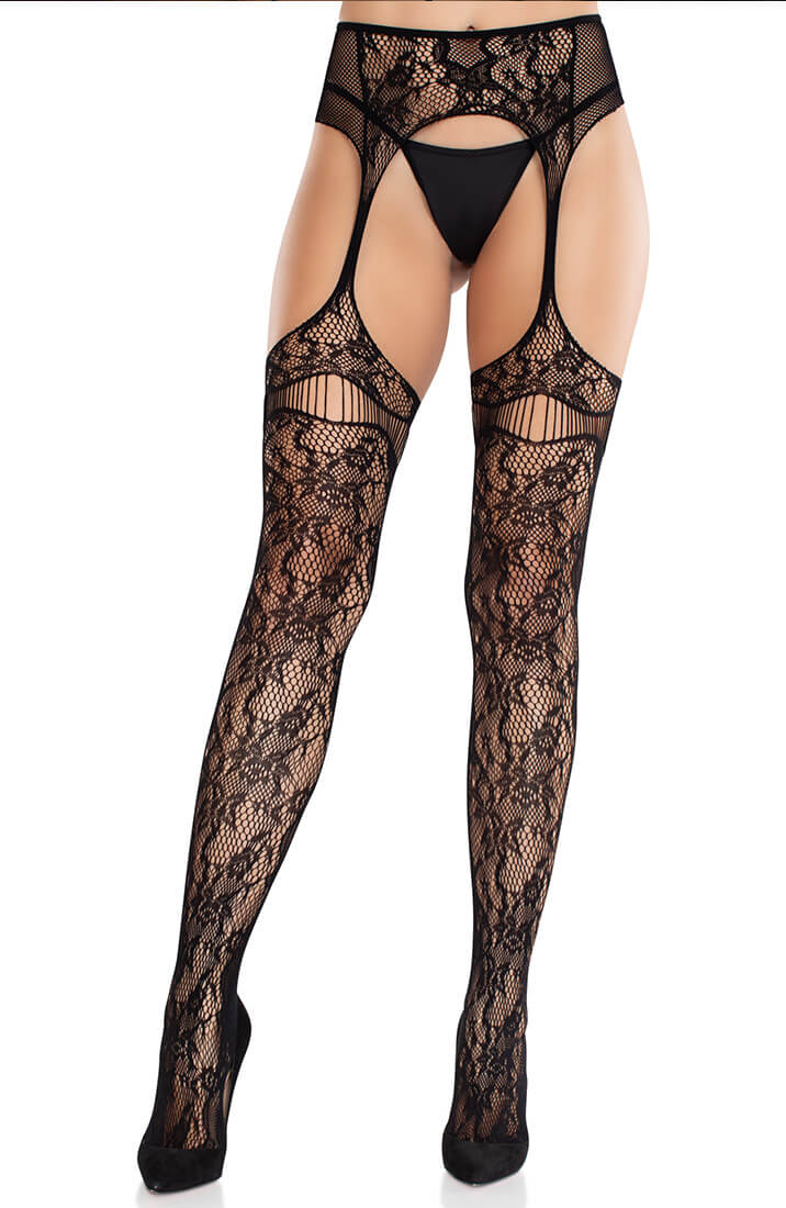 Suspender pantyhose with floral pattern and cut-out hips from COAX Copenhagen.