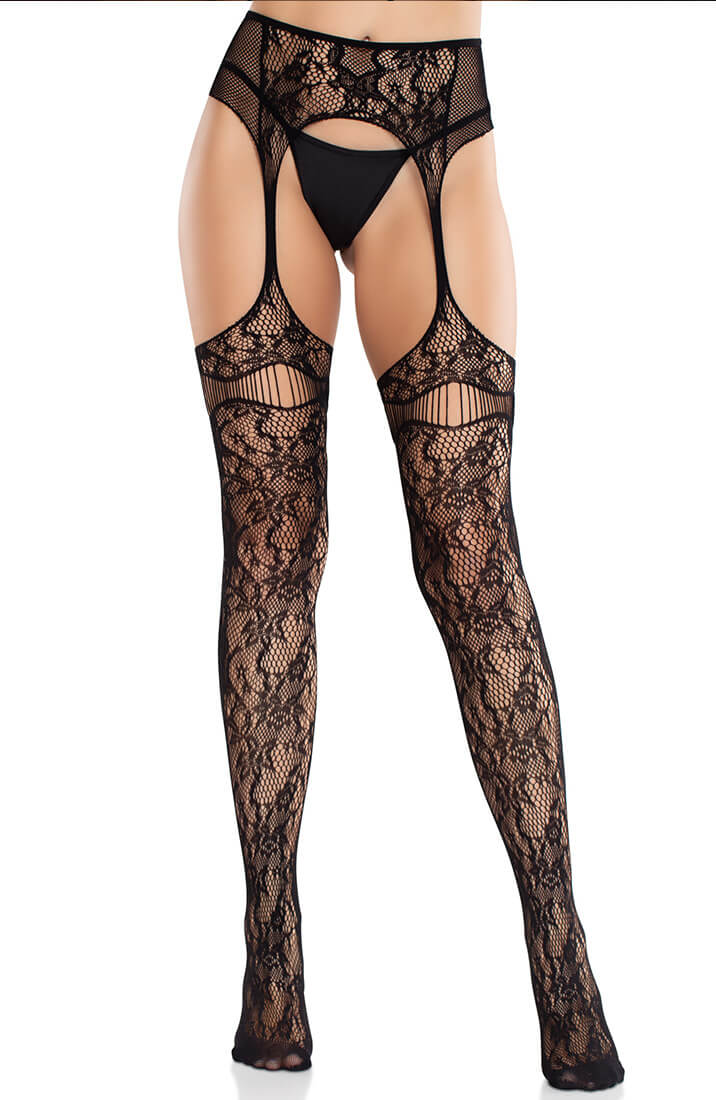 Black Dual Net Stockings with Garter Belt - showing feet.