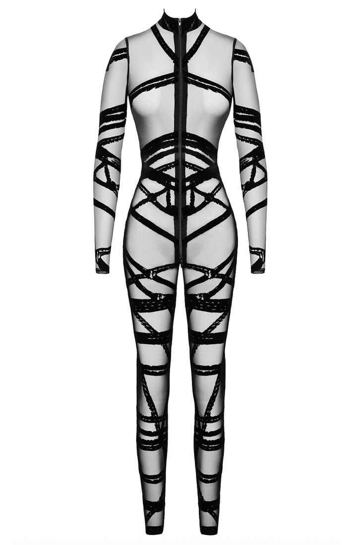 Black semi-sheer Shibari catsuit showing rope motif and sensual fit - The COAX Fetish