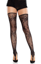 Load image into Gallery viewer, Black floral footless thigh highs with toe loops and lace pattern - COAX Copenhagen