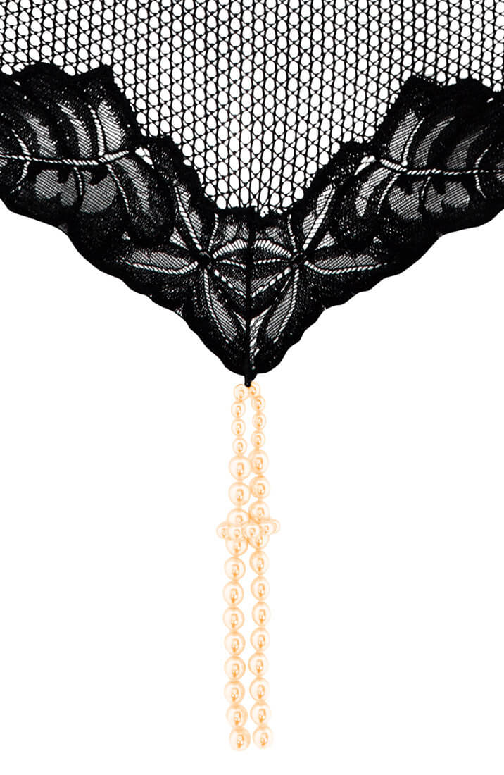 Black Open-Front Playsuit with Double Pearl String | COAX Copenhagen - close up front