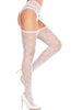 Model wearing white heart fishnet stockings with attached garter belt and white high heels - side view