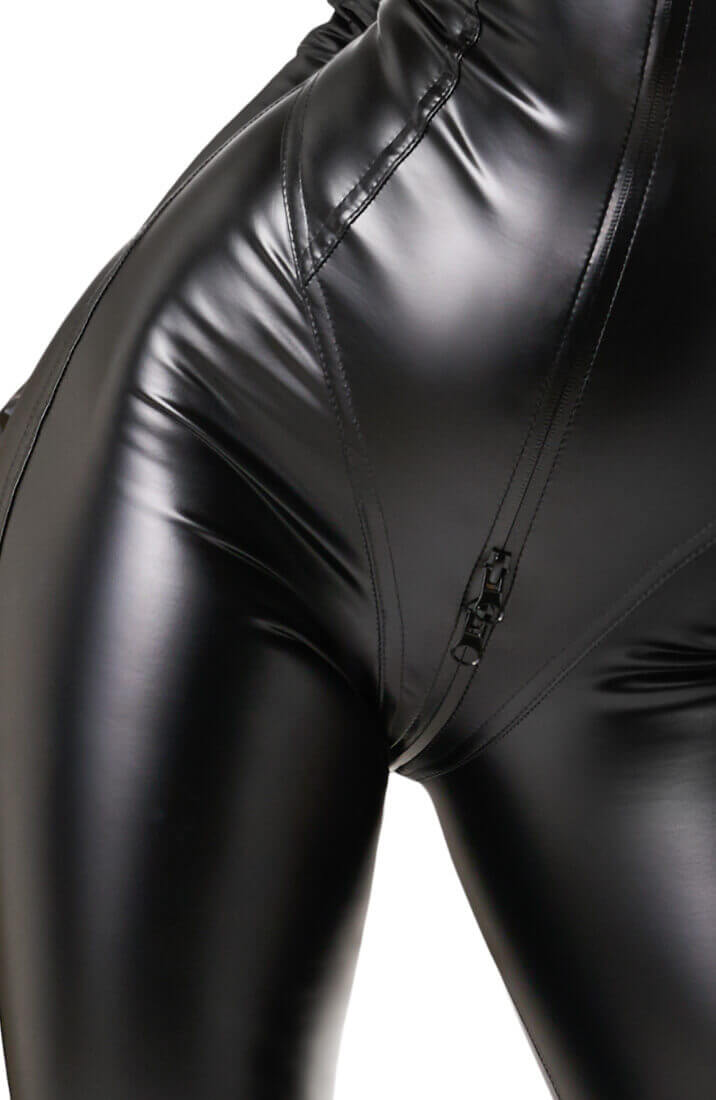 COAX Copenhagen - Black wet look catsuit with stitching highlights - close up front crotch zip