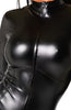 COAX Copenhagen - Black wet look catsuit with stitching highlights- close up front