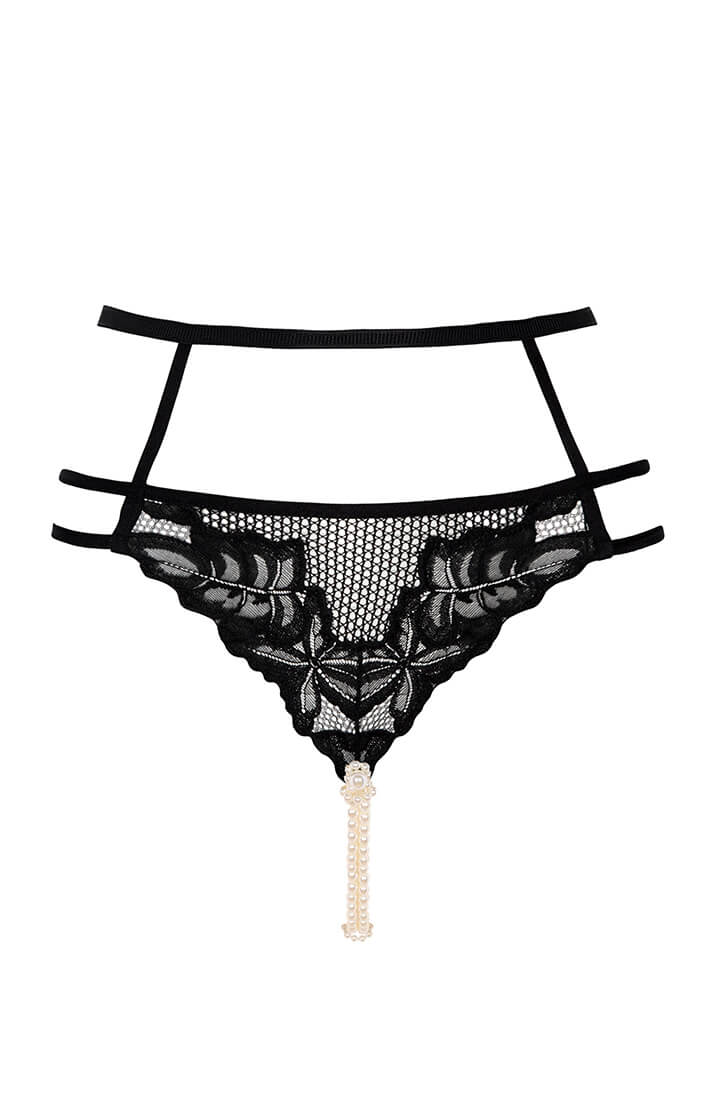 Black high-waisted panty with double pearl string and golden appliqués - COAX Copenhagen