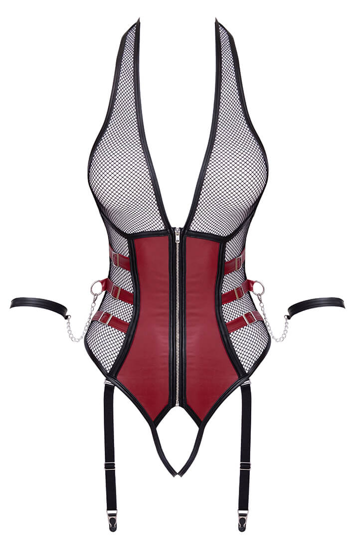 Crotchless bondage bodysuit with front zip and adjustable side straps