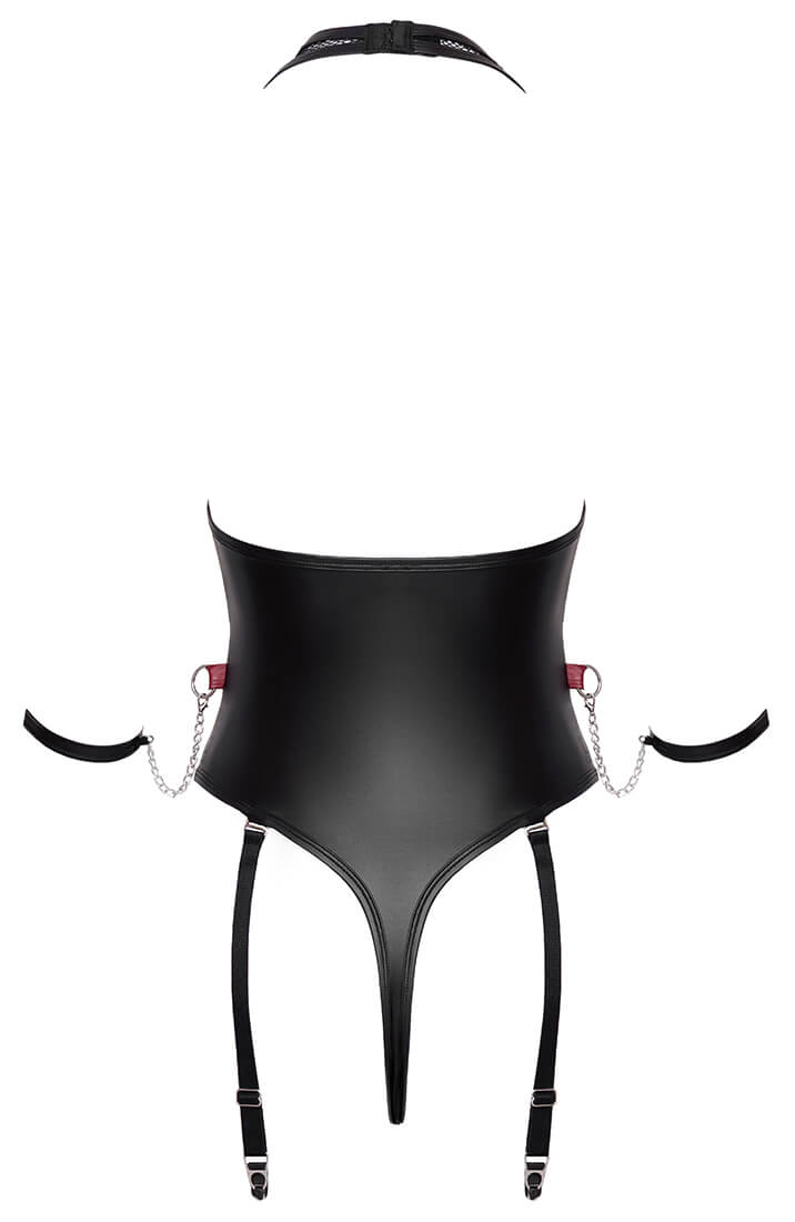 Burgundy and black fetish bodysuit with sheer cups and silver-tone chains