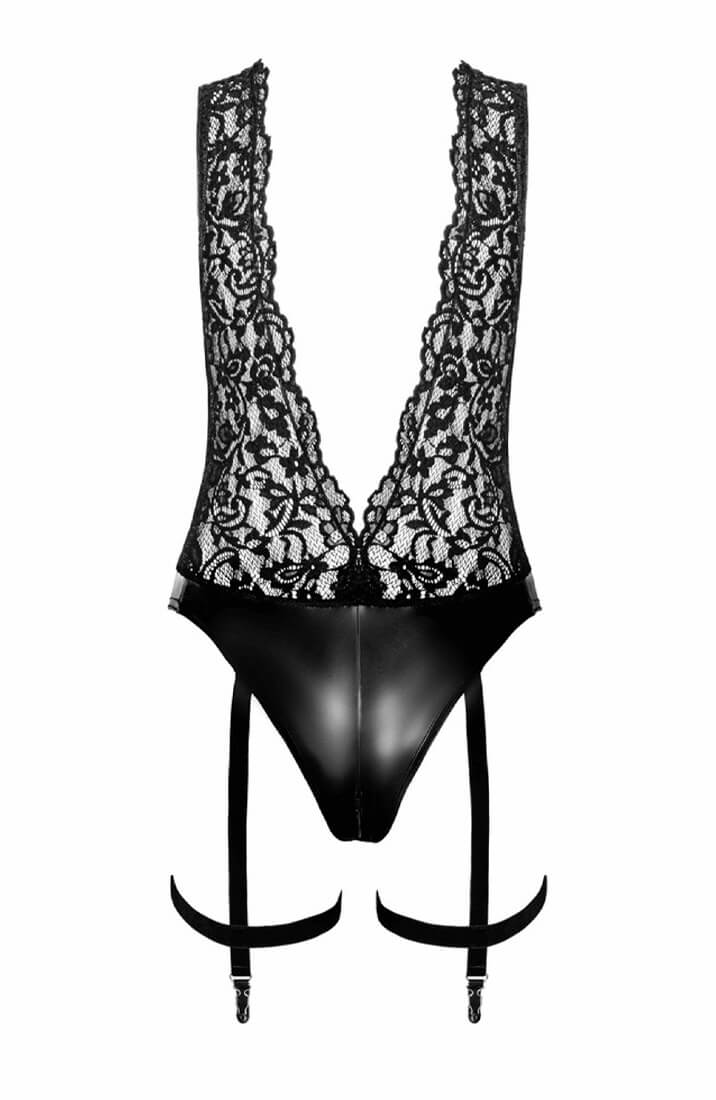 Lace X wet look suspender bodysuit