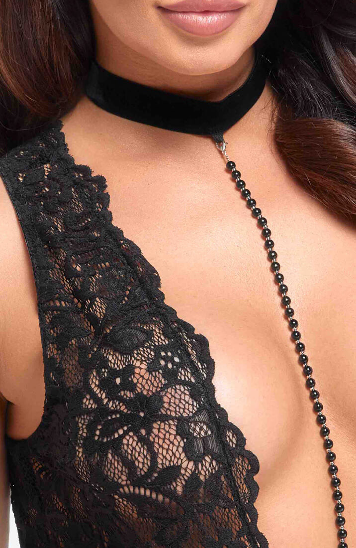 Lace X wet look suspender bodysuit