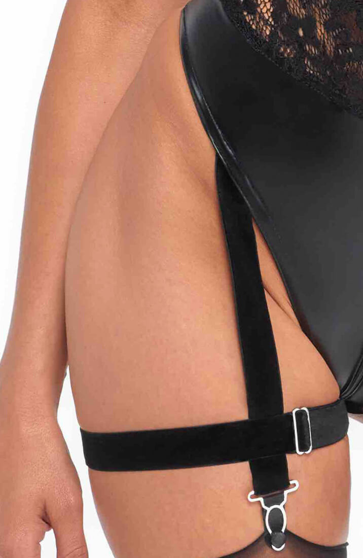 Lace X wet look suspender bodysuit