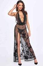 Load image into Gallery viewer, Long sheer black waterfall dress