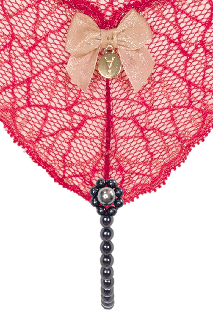 Luxury lingerie red thong with black pearl string and gold lurex