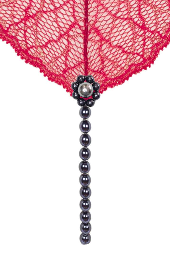 COAX Copenhagen red lace thong with black Manacor pearl string