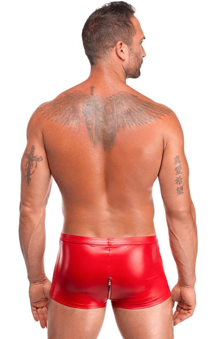 Red wet look men's boxer shorts with zipper detail - COAX Copenhagen Men's fetish clothing