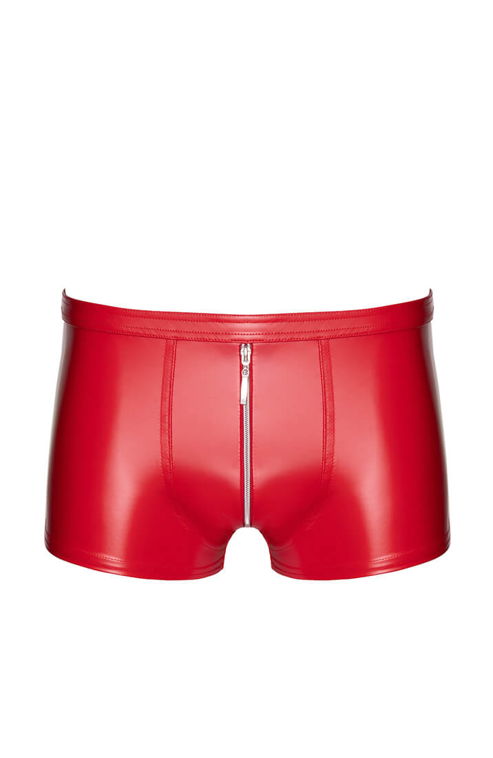 Red wet look men's shorts with front zipper - COAX Copenhagen fetish fashion
