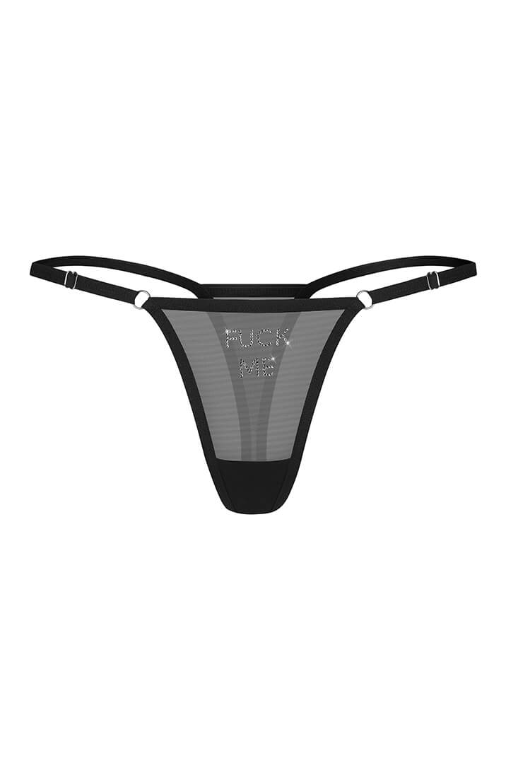 Sexy lingerie with FUCK ME rhinestone thong and minimal G-string silhouette