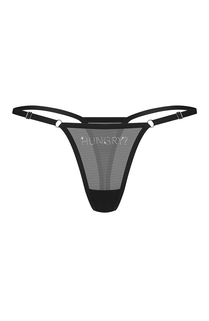 Sexy lingerie with HUNGRY rhinestone thong and minimal G-string silhouette