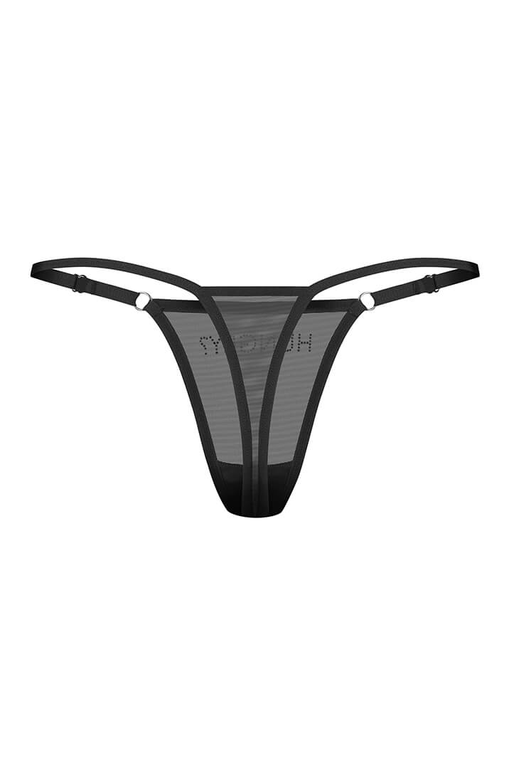 COAX Copenhagen sheer black rhinestone thong with adjustable side straps