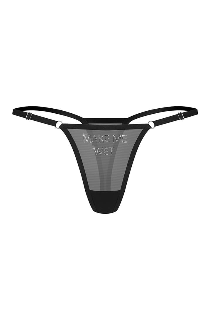Sexy lingerie with MAKE ME WET rhinestone thong and minimal G-string silhouette