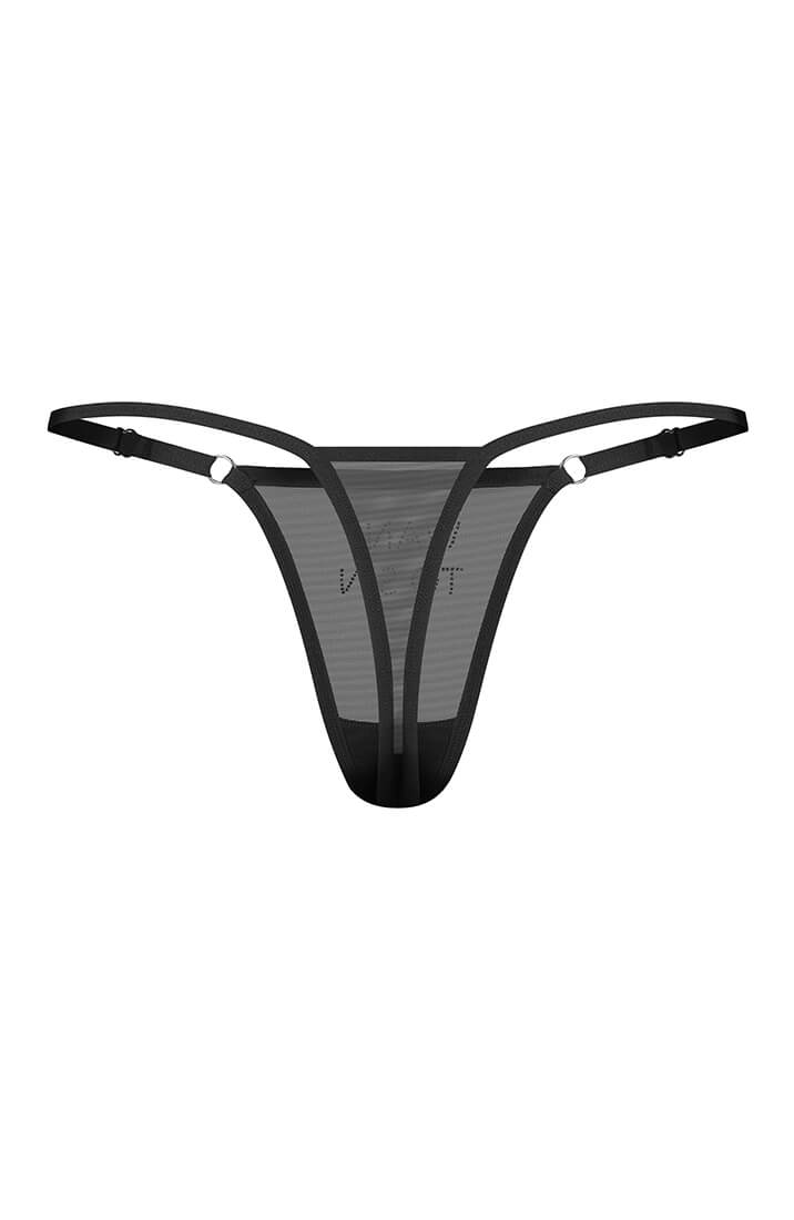 COAX Copenhagen sheer black rhinestone thong with slim adjustable side straps