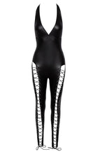 Load image into Gallery viewer, Black wet look catsuit with lace-up legs