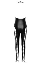 Load image into Gallery viewer, Black wet look catsuit with lace-up legs