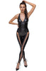 Black wet look catsuit with lace-up legs
