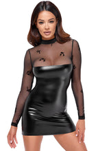 Load image into Gallery viewer, Black wet look X sheer mesh bodycon dress