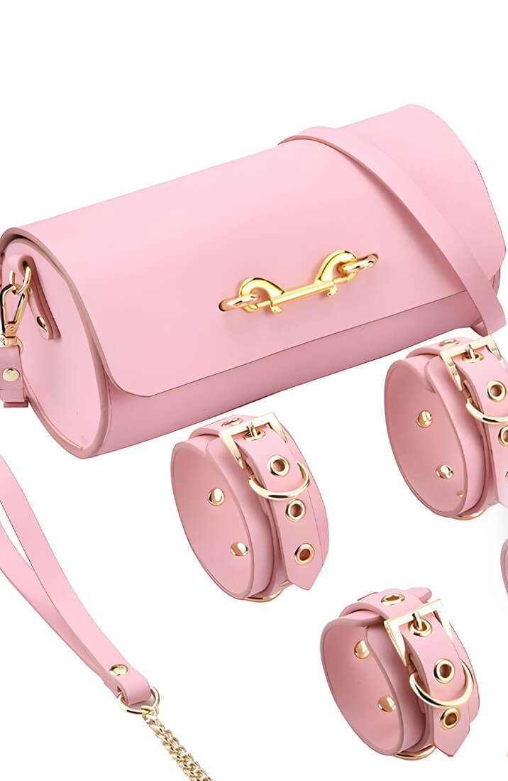 Pink fetish bondage kit with matching accessories and rounded purse