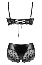 Load image into Gallery viewer, Detailed close-up of luxurious lace and smooth wet look fabric