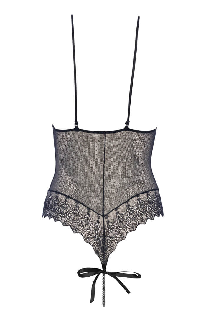 COAX Copenhagen black bodysuit featuring stimulating black pearls