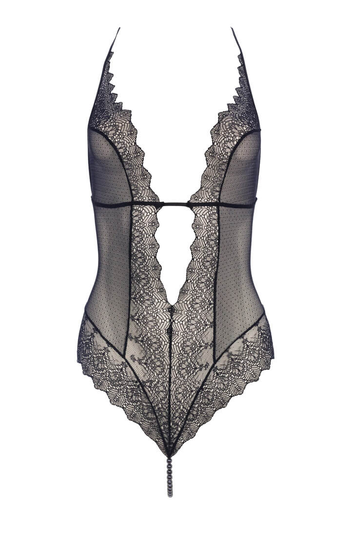 Black mesh bodysuit with black pearl string by COAX Copenhagen