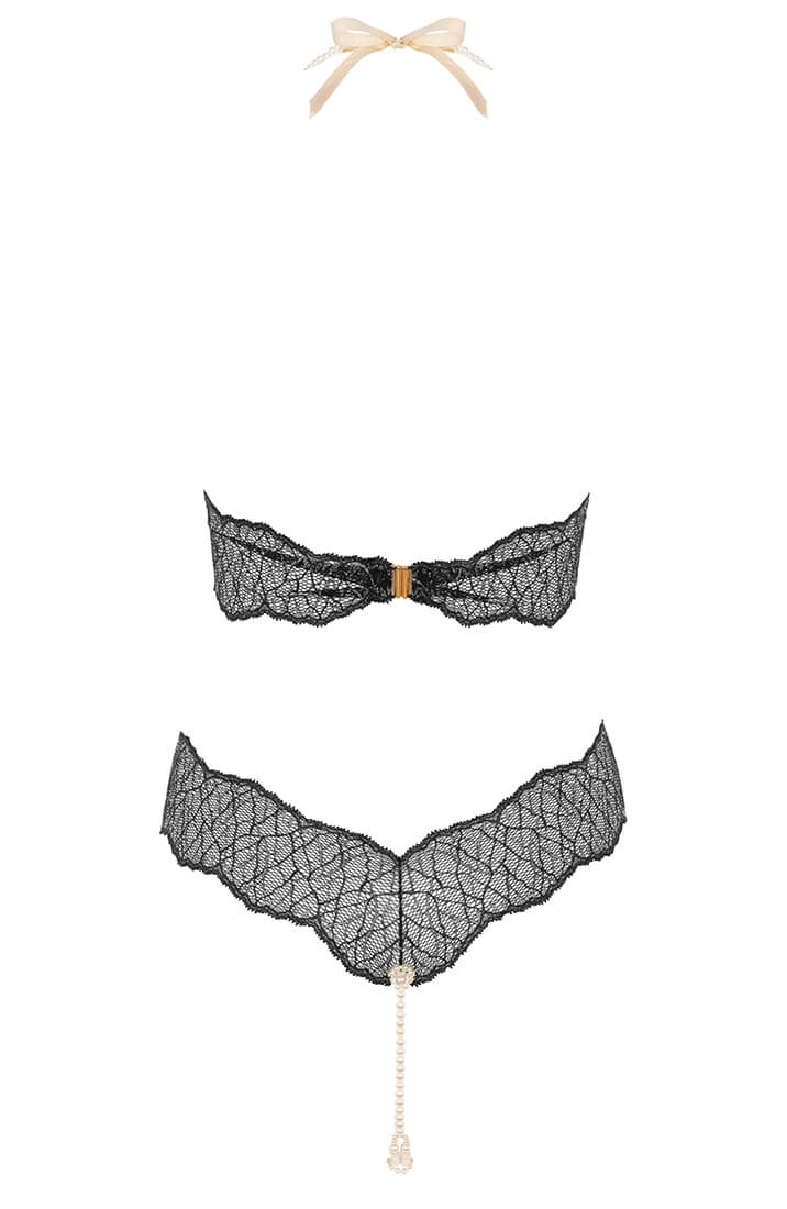 Black Bodysuit With Double Pearl String Detail - Erotic Lace One Piece