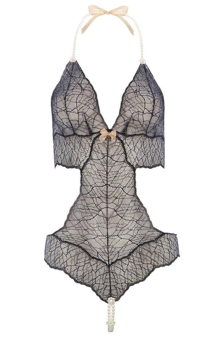 Black Lace Bodysuit With Double Pearl String - Luxury Lingerie COAX Copenhagen