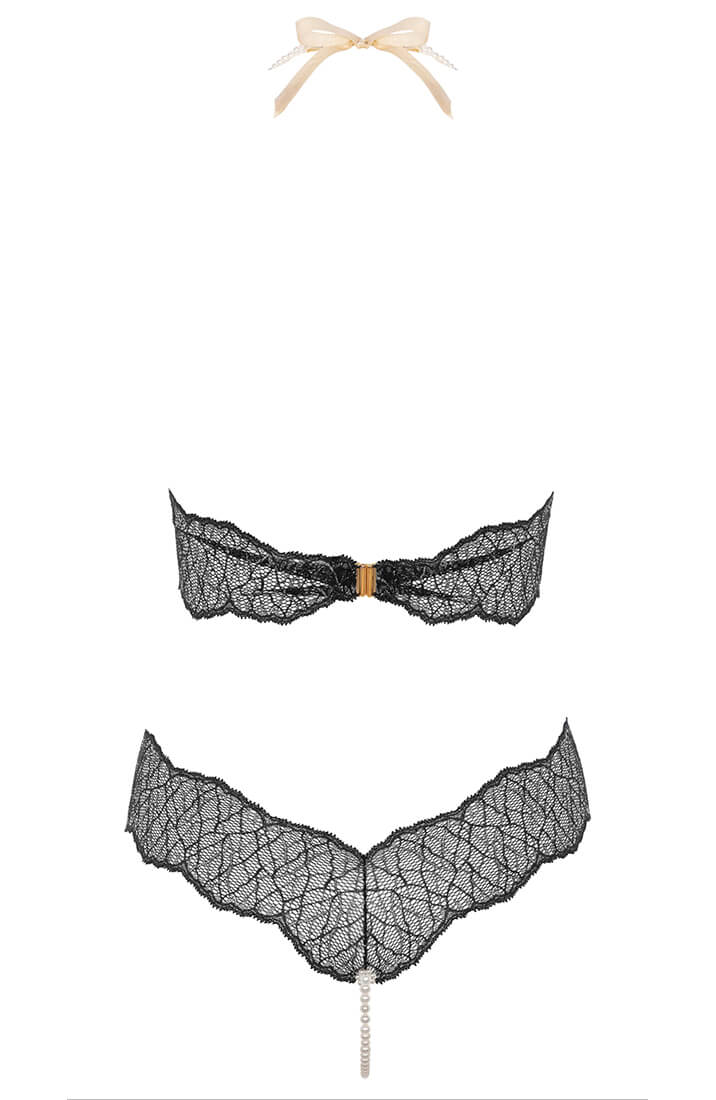 Black Sheer Lace Bodysuit With Pearl Detail