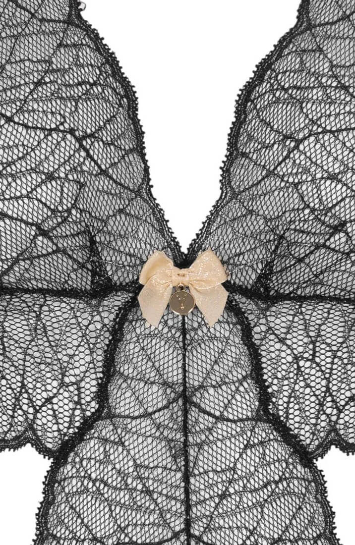 Black Bodysuit In Italian Lace With White Pearl Detail - Luxury Lingerie