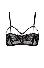 Load image into Gallery viewer, Close-up of COAX Copenhagen’s black bralette with cage straps and adjustable golden hardware