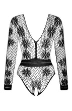 Load image into Gallery viewer, Black crotchless bodysuit lingerie with floral pattern