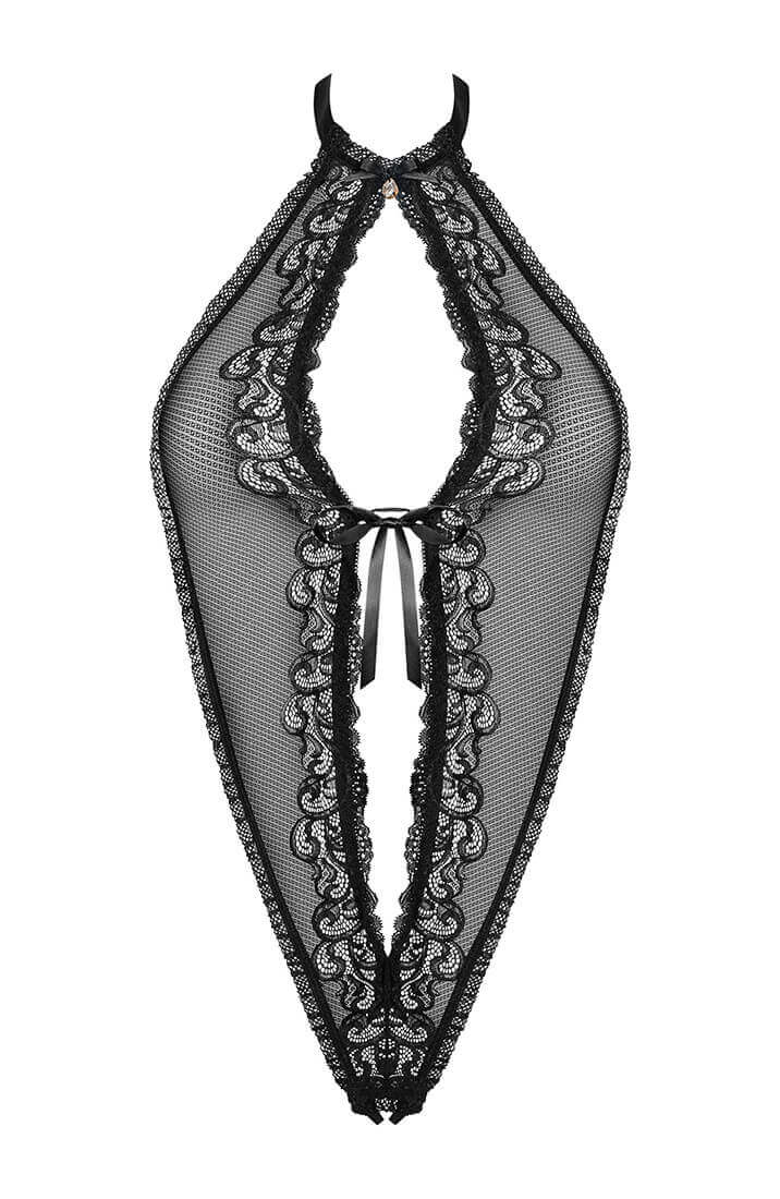 Black crotchless lace teddy