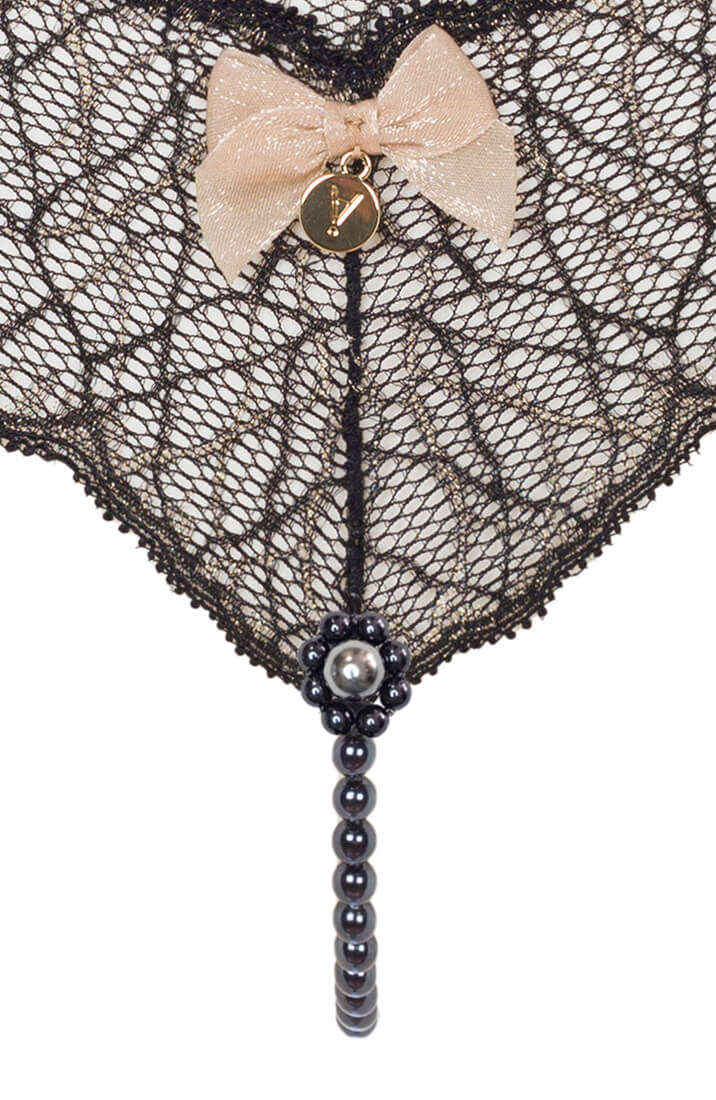 Luxury lingerie black lace thong with black Manacor pearl string