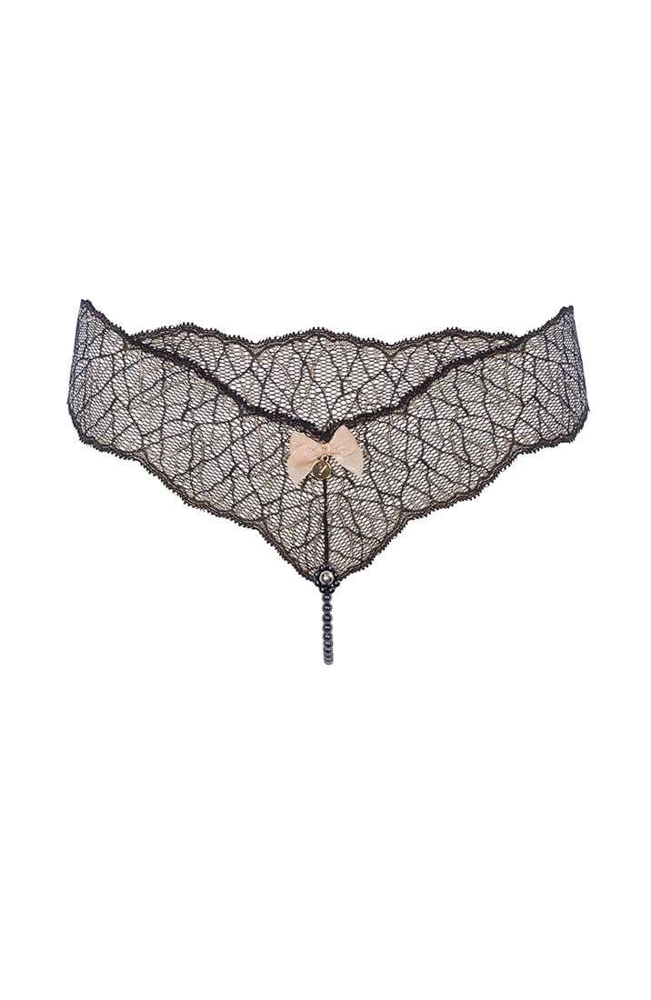 Black lace thong with single black pearl string by COAX Copenhagen