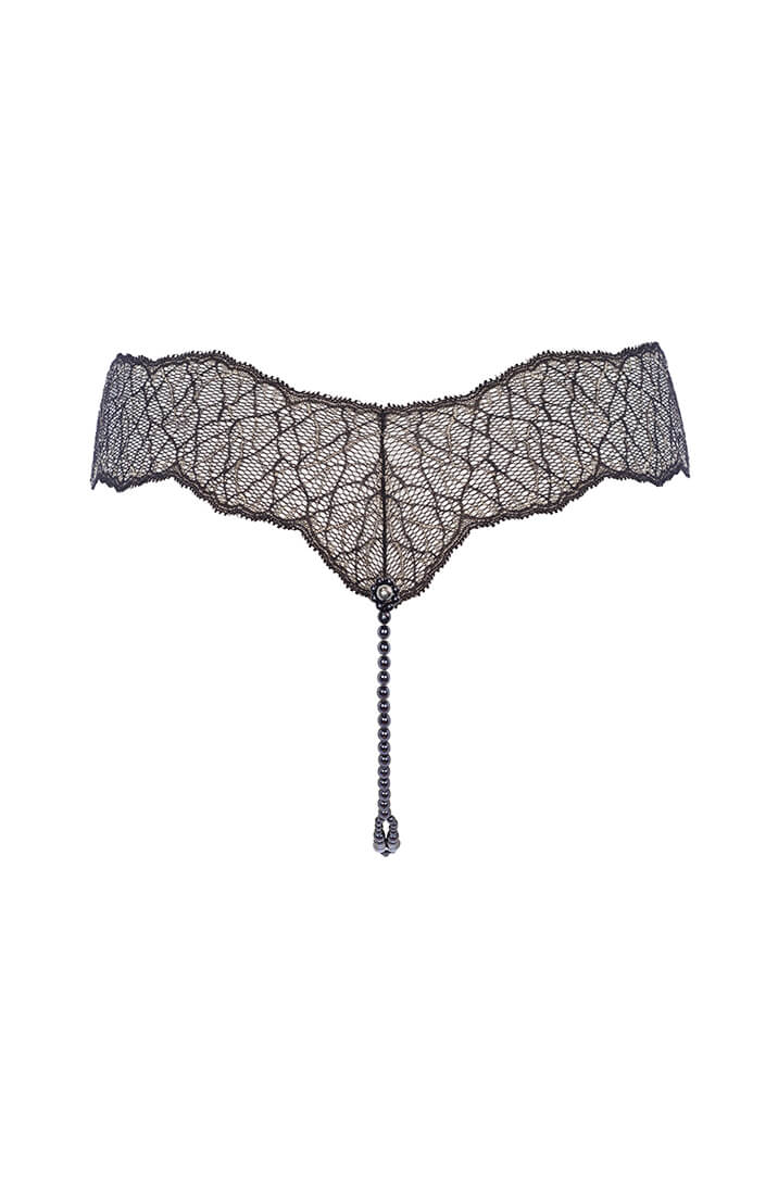 Black lace lingerie thong with black double Manacor pearls