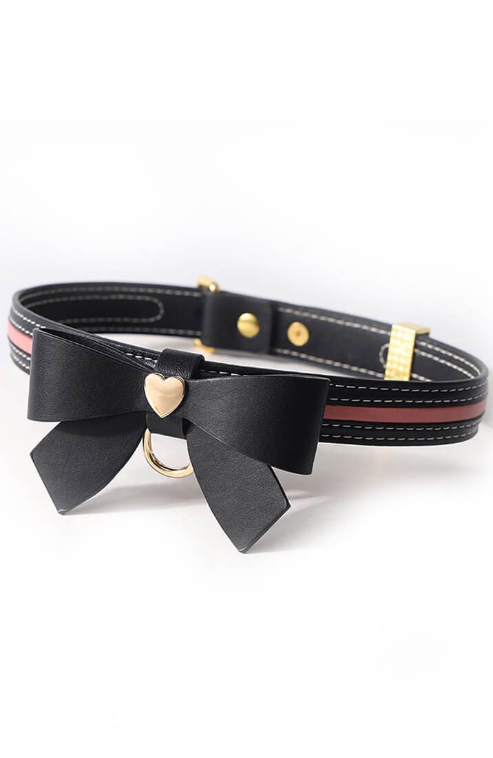 Black faux leather bow tie collar & leash