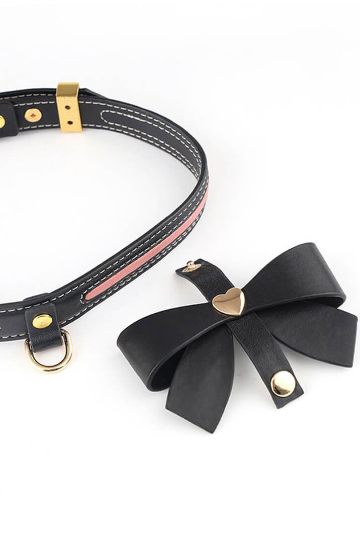 Black faux leather bow tie collar & leash