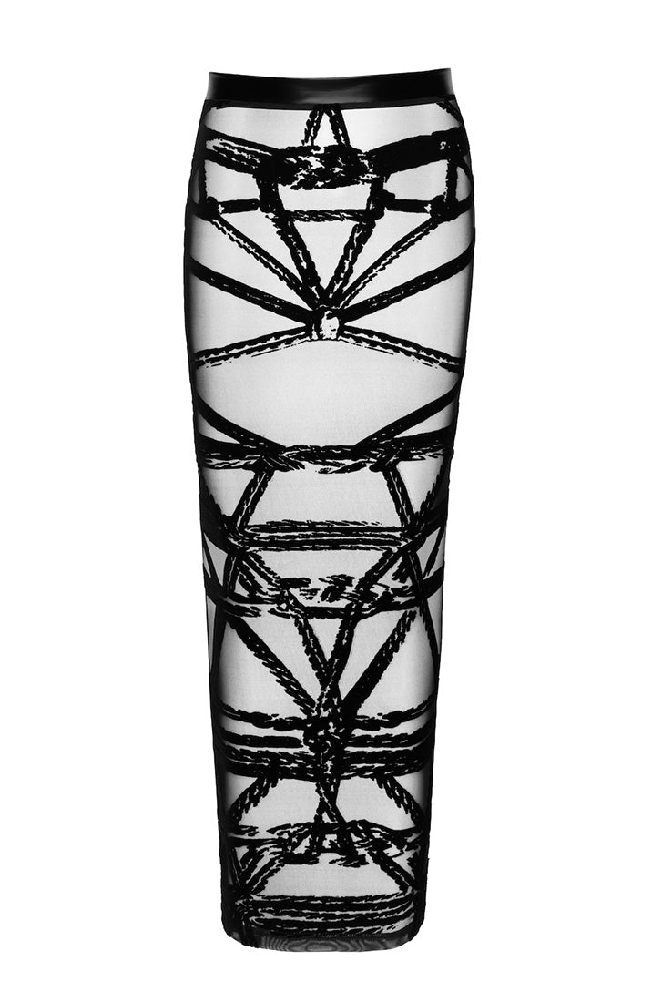 Black Flocked Shibari Mesh Long Skirt - Midnight Ties