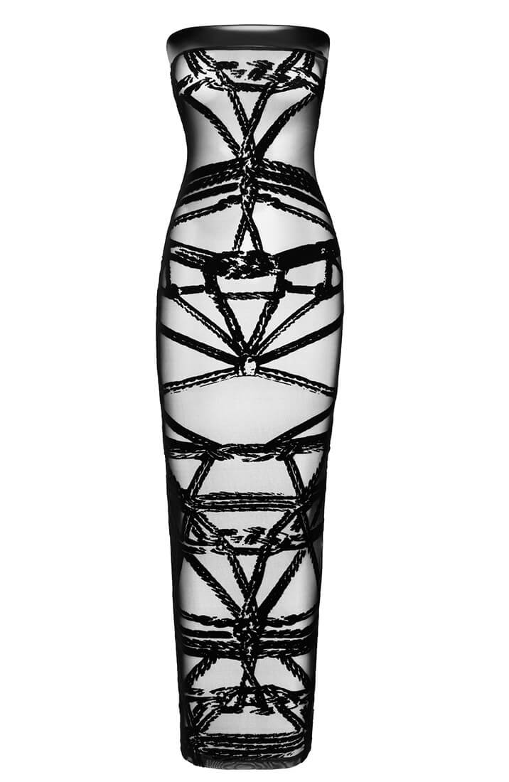 Black flocked Shibari mesh mini dress styled for fetish elegance - The COAX Fetish