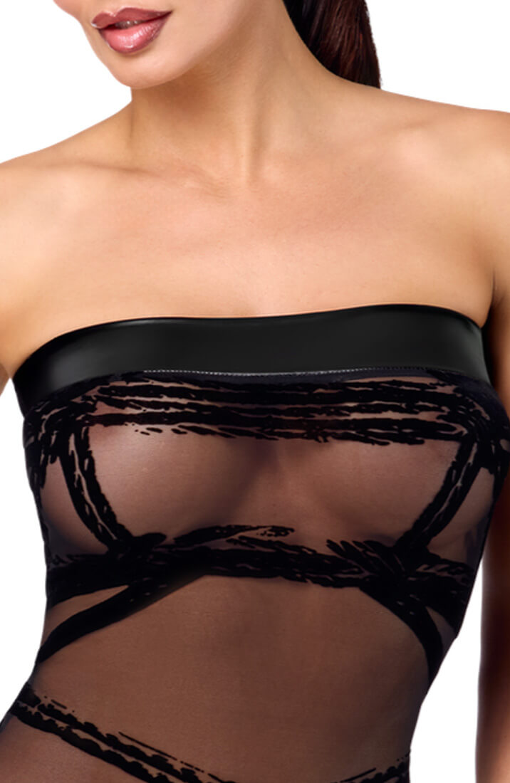 Black semi-sheer Shibari mesh dress with wet look trim and tight fit - COAX Fetish