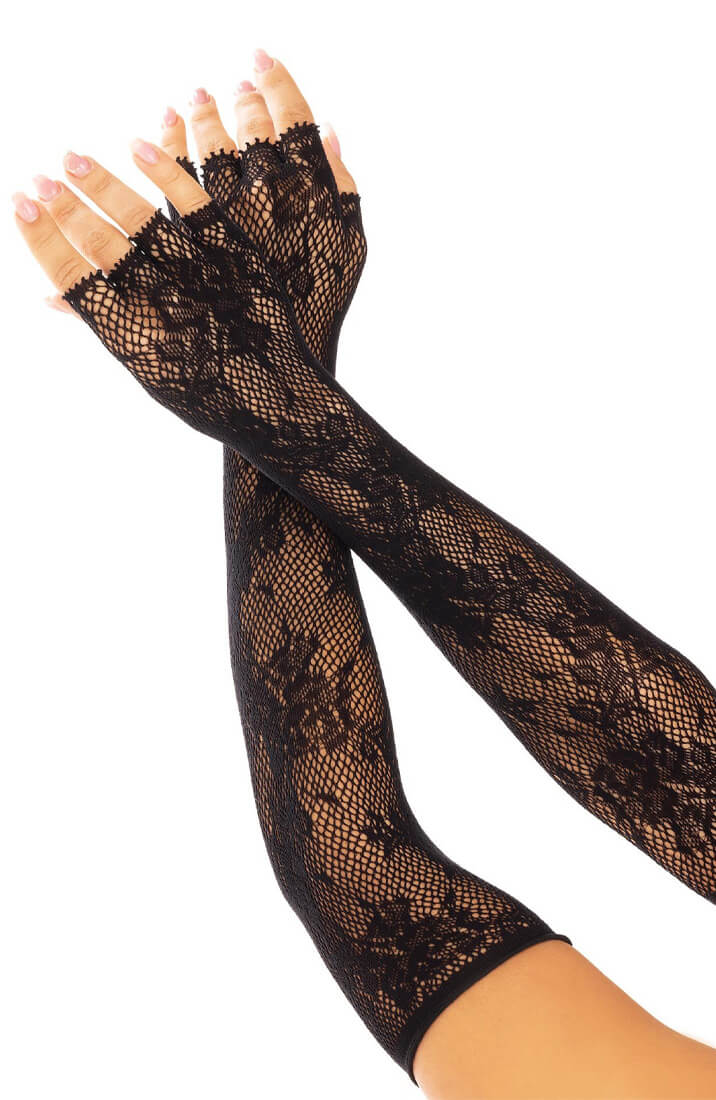 Black floral net fingerless gloves